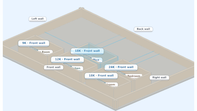 The four-wall room layout in the Revbase app, each mini split placed on a labeled wall of the first floor