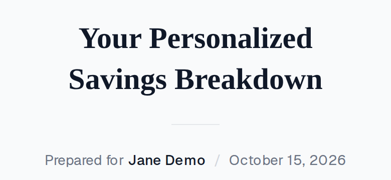 The top of a homeowner's proposal in the Revbase app on a phone: the proposal title, the homeowner's name and the date